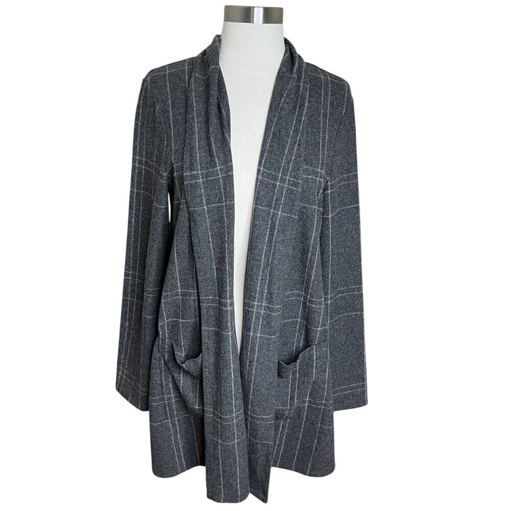 Eileen Fisher Gray Windowpane Plaid Wool Blend Open Cardigan M Minimalist